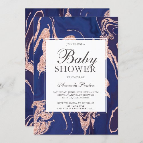 Rose gold glitter navy blue marble baby shower invitation