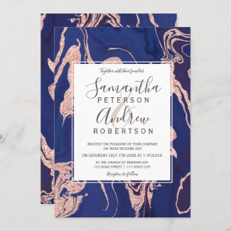 Rose Gold and Navy Blue Wedding Invites with Glitter Marble Background