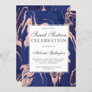 Rose gold glitter navy blue marble sweet sixteen invitation