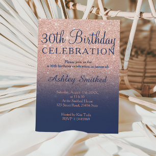 Rose gold glitter navy blue ombre 30th birthday invitation