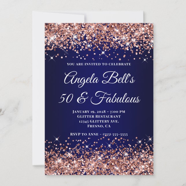 Rose Gold Glitter Navy Blue Ombre 50 & Fabulous Invitation (Front)