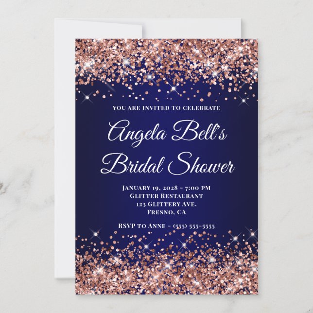 Rose Gold Glitter Navy Blue Ombre Bridal Shower Invitation (Front)