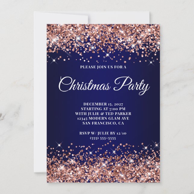 Rose Gold Glitter Navy Blue Ombre Christmas Party Invitation (Front)