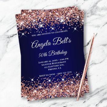 Rose Gold Glitter Navy Blue Ombre Fancy Monogram Invitation by annaleeblysse at Zazzle