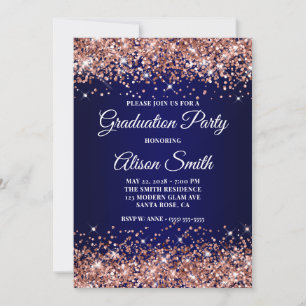 Rose Gold Glitter Navy Blue Ombre Graduation Party Invitation