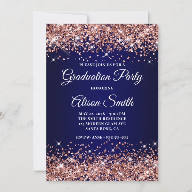 Rose Gold Glitter Navy Blue Ombre Graduation Party Invitation (Front)