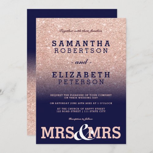 Rose gold glitter navy blue ombre lesbian wedding invitation