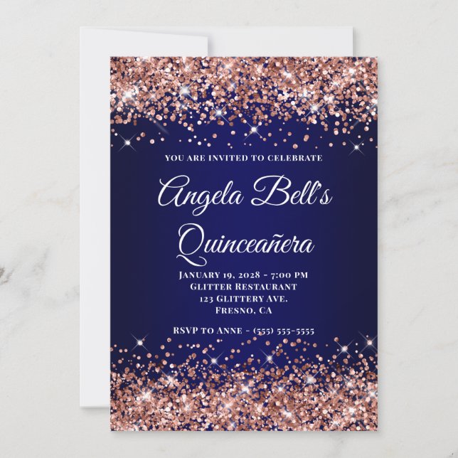 Rose Gold Glitter Navy Blue Ombre Quinceanera Invitation (Front)