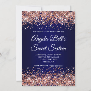 Rose Gold Glitter Navy Blue Ombre Sweet Sixteen Invitation