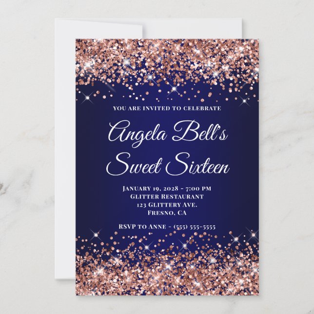 Rose Gold Glitter Navy Blue Ombre Sweet Sixteen Invitation (Front)