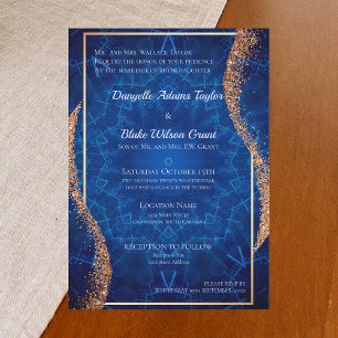 Rose Gold Glitter Navy Blue Pattern Wedding Invitation