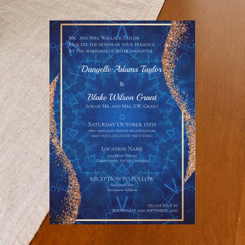 Rose Gold Glitter Navy Blue Pattern Wedding Invitation