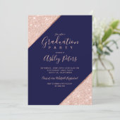 Rose gold glitter navy blue photo graduation invitation (Standing Front)