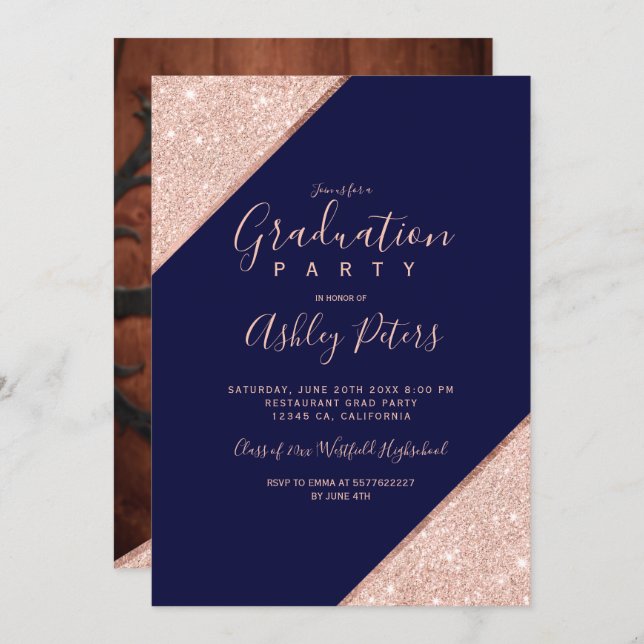 Rose gold glitter navy blue photo graduation invitation (Front/Back)