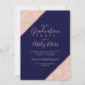 Rose gold glitter navy blue photo graduation invitation (Front)