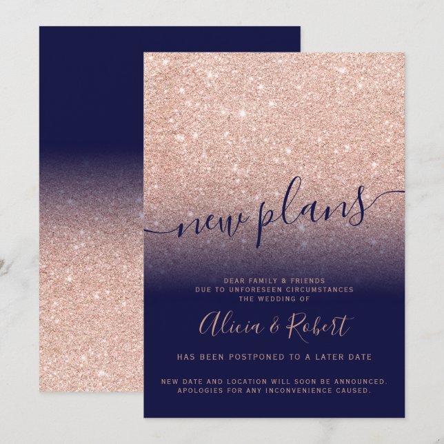 Rose gold glitter navy blue postponed new plans invitation (Front/Back)