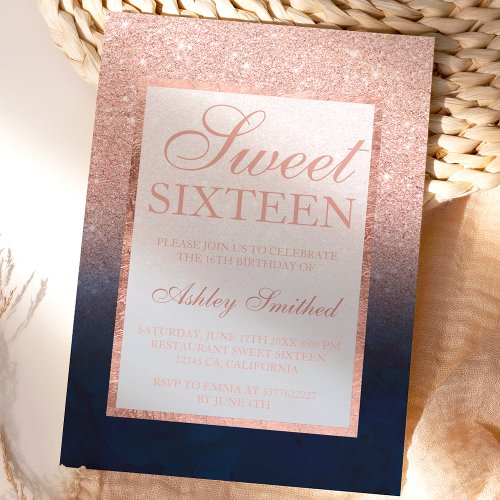 Rose gold glitter navy blue watercolor Sweet 16 Invitation