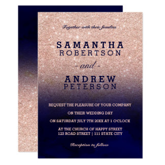 Rose gold glitter navy blue watercolor wedding card