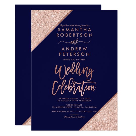 Rose gold glitter navy blue wedding celebration invitation | Zazzle.com