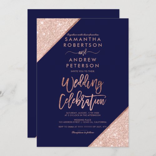 Rose gold glitter navy blue wedding celebration invitation