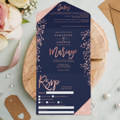 Rose gold glitter navy blue wedding French All In One Invitation