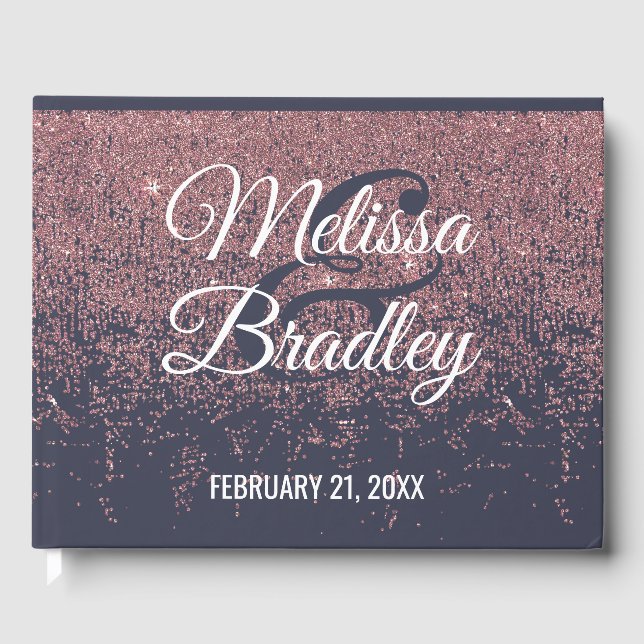 Rose Gold Glitter Navy Blue Wedding Guestbook (Front)
