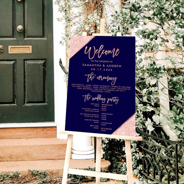 Rose gold glitter navy blue wedding program foam board (Creator Uploaded)