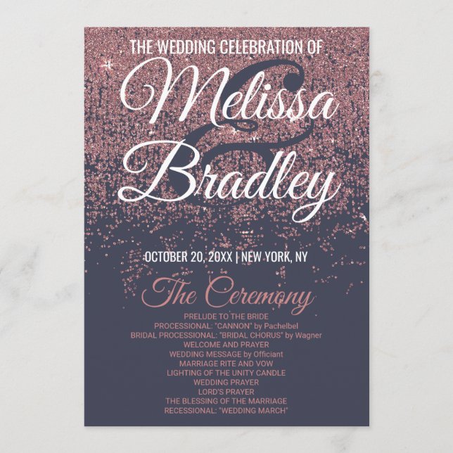Rose Gold Glitter Navy Blue Wedding Programs (Front)