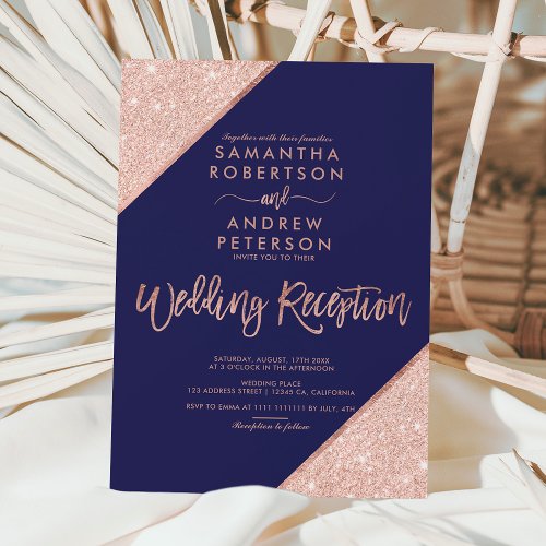 Rose gold glitter navy blue wedding reception invitation