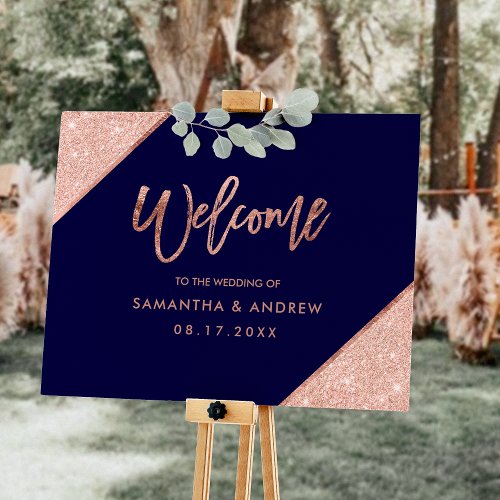 Rose gold glitter navy blue wedding welcome foam board