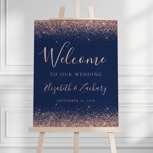 Rose Gold Glitter Navy Blue Wedding Welcome Foam Board