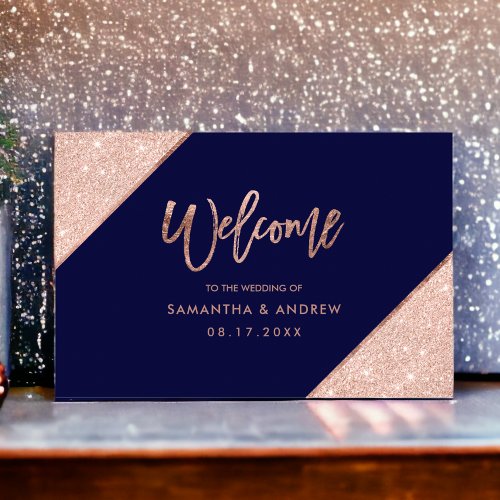 Rose gold glitter navy blue wedding welcome poster