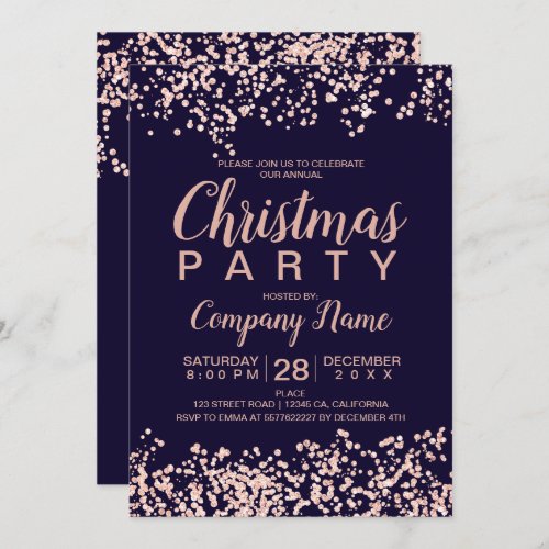 Rose gold glitter navy corporate Christmas party Invitation