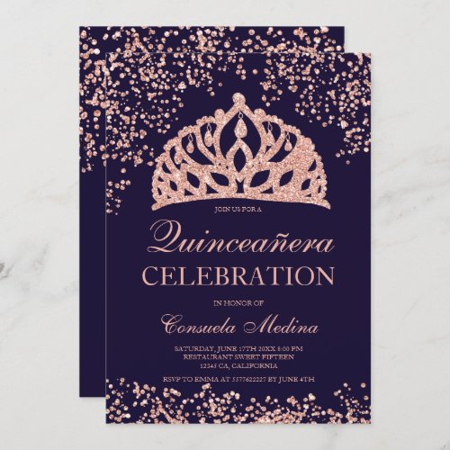 Rose gold glitter navy crown tiara Quinceaera Invitation