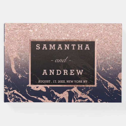 Rose gold glitter navy marble ombre guest wedding guest book