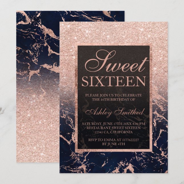 Rose gold glitter navy marble watercolor Sweet 16 Invitation (Front/Back)