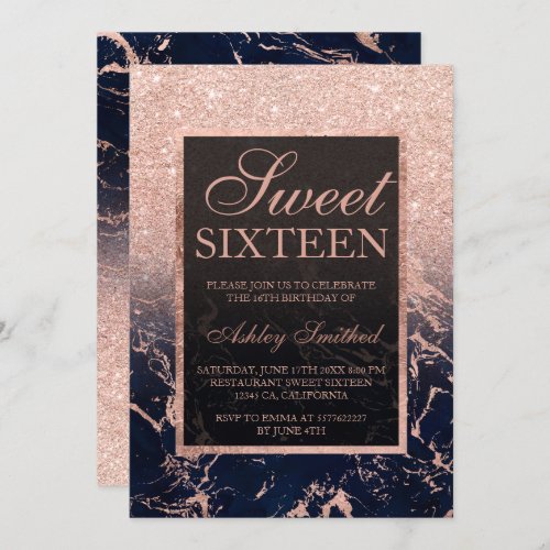 Rose gold glitter navy marble watercolor Sweet 16 Invitation