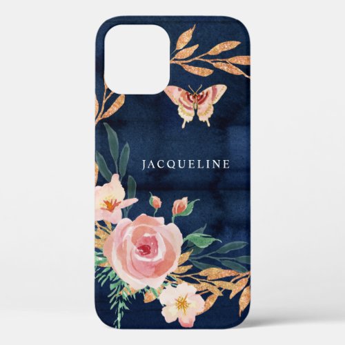 Rose Gold Glitter Navy Modern Flowers Butterfly  iPhone 12 Case