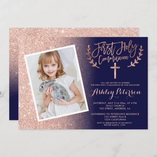 Rose gold glitter navy ombre first communion photo invitation