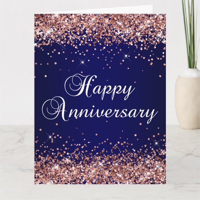 Rose Gold Glitter Navy Ombre Happy Anniversary Card (Front)