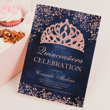 Rose Gold Glitter Navy Photo Tiara Quinceañera Invitation by girly_trend at Zazzle