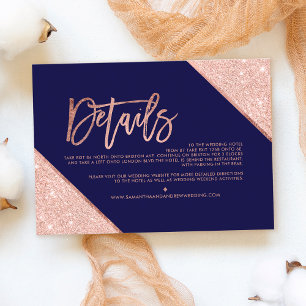 Rose gold glitter navy script wedding direction enclosure card