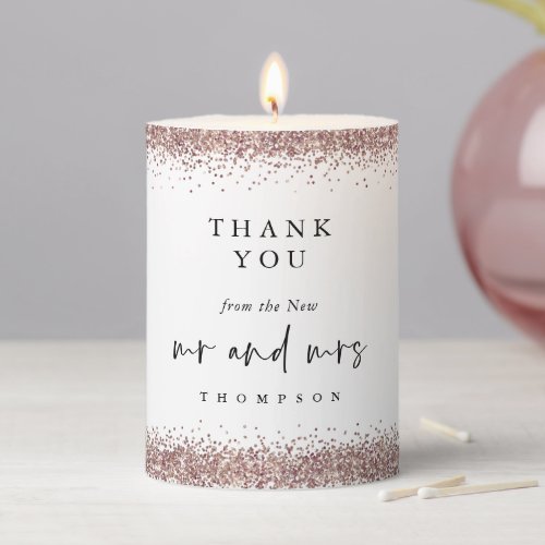 Rose Gold Glitter New Mr Mrs Thanks Wedding White Pillar Candle