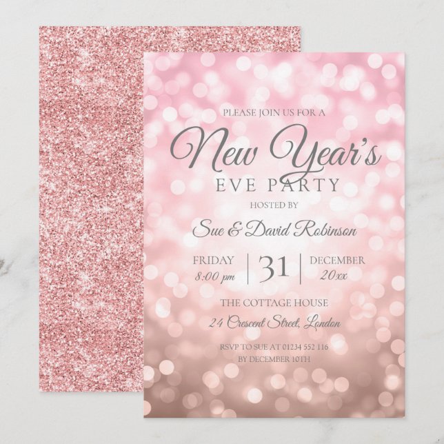 Rose Gold Glitter New Years Eve Party Lights Invitation (Front/Back)