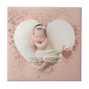 Rose Gold Glitter Newborn Photo Birth Stats Ceramic Tile
