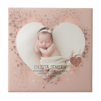 Rose Gold Glitter Newborn Photo Birth Stats Ceramic Tile