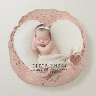 Rose Gold Glitter Newborn Photo Birth Stats Round Pillow