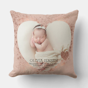 Rose Gold Glitter Newborn Photo Birth Stats  Throw Pillow
