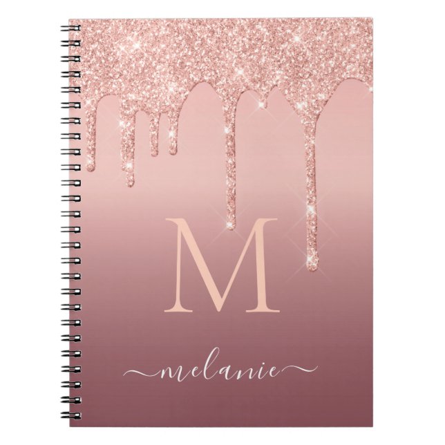 Rose Gold Glitter Notebook Custom Name and Letter (Front)