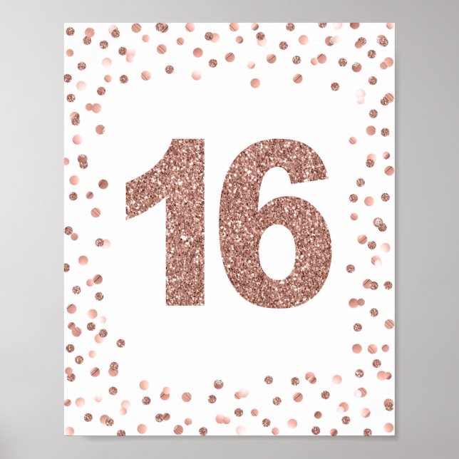 Rose Gold Glitter Number 16 Birthday Party Sign (Front)